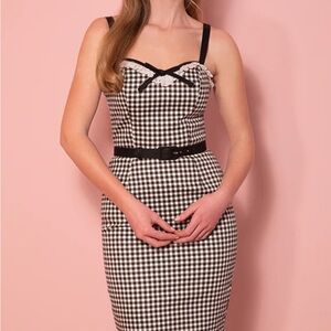 Med Vixen by Micheline Pitt Black and White Gingham Bardot Wiggle Dress w/belt